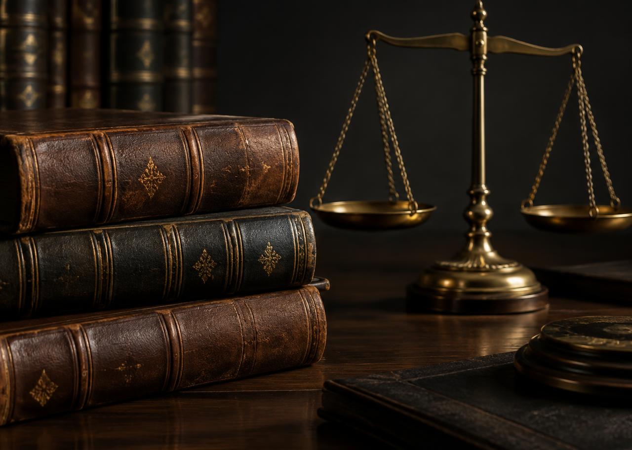 Leather-bound law books beside a brass scale of justice